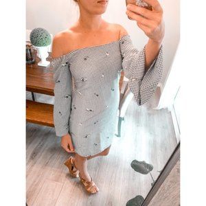 Lucy Paris Gingham Floral Strapless Off shoulder Shift Mini Dress S Blue White